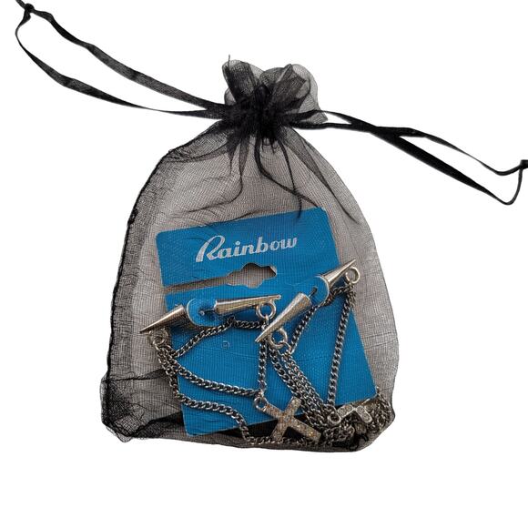 Silver Tone Multi Cross Layered Chain Pierced Earrings 3.5" Rhinestone Edgy Punk - Picture 6 of 6